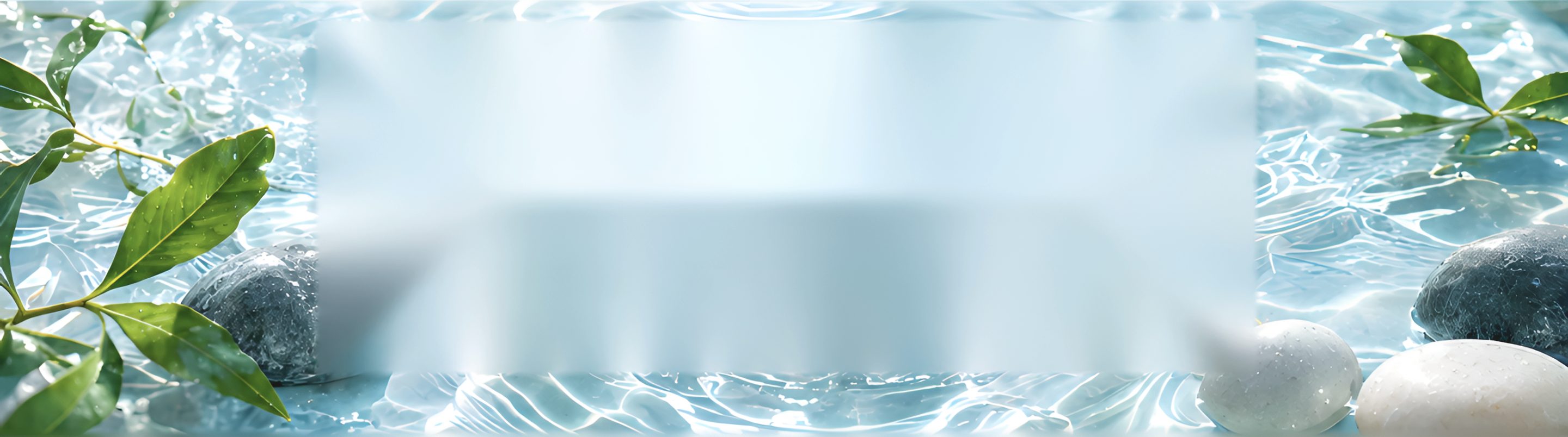 澄んだ浅い水に沈む緑の葉と小石